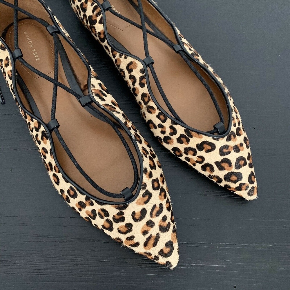 Zara Brown Leopard Pointed Toe Lace Up Flats - Picture 4 of 8